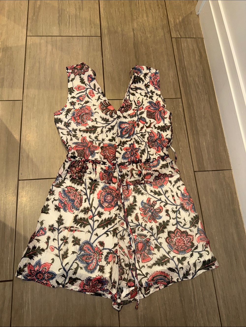 Women’s Floral Print Sleeveless Romper - White with Pink & Blue